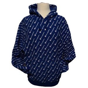 Vintage Champion Hoodie Reverse Weave Mens Large‎ Blue AOP Logo Drawstring Pouch